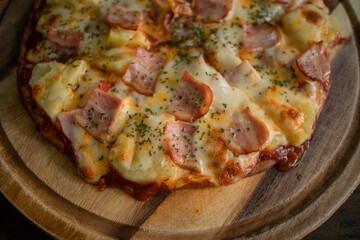 hands of colleague pizza homemade. Pizza Margarita and close up. slice pizza. half pizza homemade