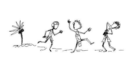 Dancings under a palm tree. Vector illustration, sketch.