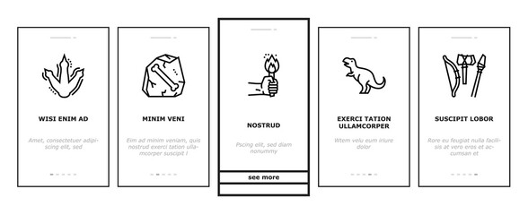 Prehistoric Period Onboarding Mobile App Page Screen Vector. Prehistoric Plant And Tree, Mammoth And Clam, Dinosaur Skull And Bone, Statue And Damaged Vase Illustrations