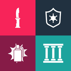 Set pop art Prison window, Hand grenade, Police badge and Military knife icon. Vector