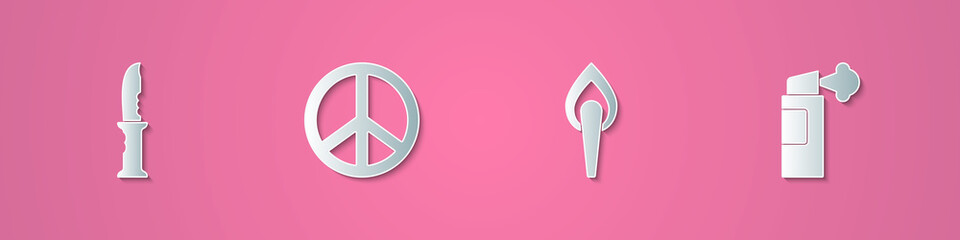 Set paper cut Military knife, Peace, Torch flame and Pepper spray icon. Paper art style. Vector