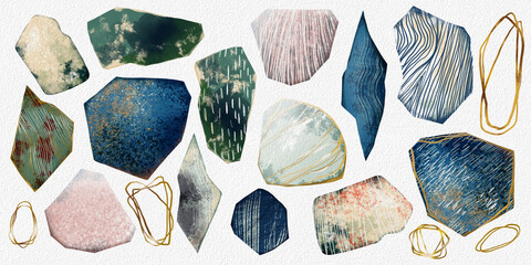 A large set of abstract elements. Watercolour strokes, brushes, paints, textured shapes.