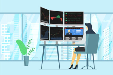 Stock market female trader in office looking at multiple computer screens with financial charts, diagrams and graphs. Business index analysis concept. Woman broker exchange trading eps illustration