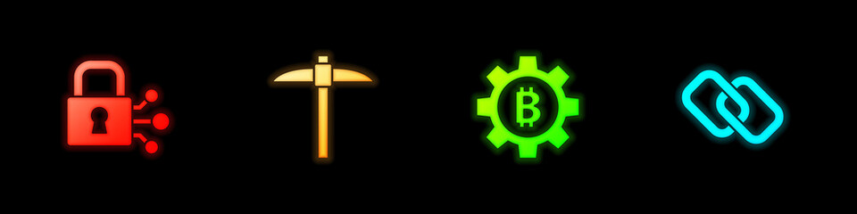 Set Lock with bitcoin, Pickaxe, Cryptocurrency Bitcoin and Chain link icon. Vector
