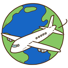 Simple hand drawn airplane flying around the planet earth outlined
