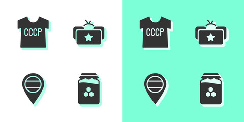 Set Jar of honey, USSR t-shirt, Location Russia and Ushanka icon. Vector