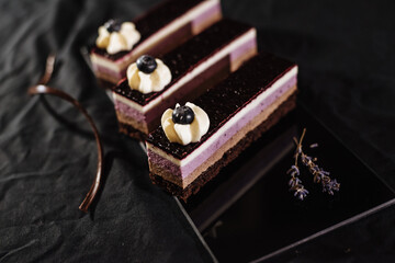 Three chocolate cakes on a black background. Mousse cake with blueberries. Opera cake at the a La carte desserts , cakes on a black background. Selective focus