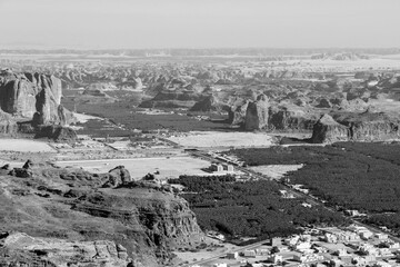 View towards Al Ula, an oasis in the middle of the mountainous landscape of Saudi Arabia - 427444162
