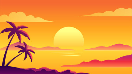 Colorful ocean island sunset vector illustration