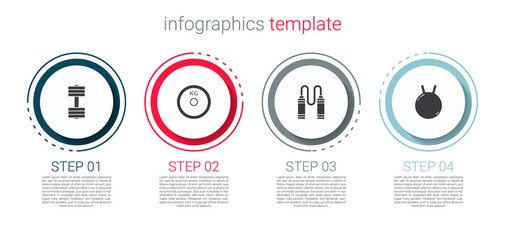 Set Dumbbell, Weight plate, Jump rope and Kettlebell. Business infographic template. Vector
