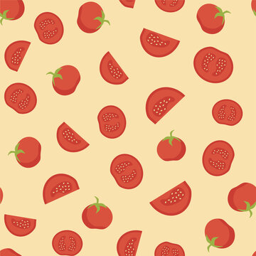 Tomato Seamless Pattern With Slice. Red And Yellow Graphic Design Element. Vegetable Motif Wallpaper Or Background