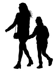 Families with little child walking on street. Isolated silhouettes of people on white background