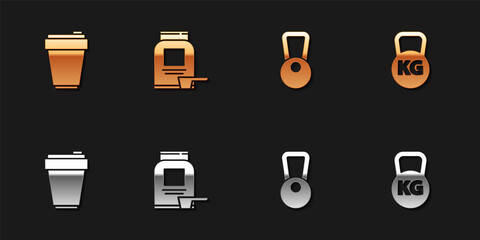 Set Fitness shaker, Sports nutrition, Kettlebell and icon. Vector