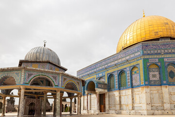The Al  Othmania Dome and tThe Dome of the Rock mosque are on the Temple Mount in the Old Town of Jerusalem in Israel