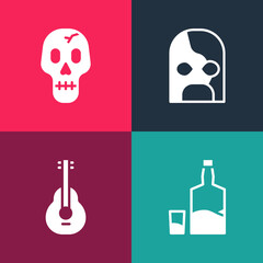 Set pop art Tequila bottle and glass, Mexican guitar, wrestler and Skull icon. Vector