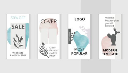 Botanical set of vertical photo collage banners. Abstract plant shapes in boho style earth tones. Minimalism templates for social media posting and online advertising. Trend vector illustration