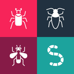 Set pop art Worm, Insect fly, Cockroach and Beetle bug icon. Vector
