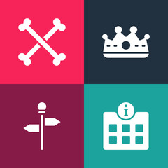 Set pop art Information, Road traffic signpost, King crown and Crossed human bones icon. Vector