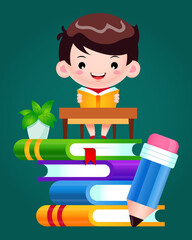 Happy Boy Reading Book On Stack Of Books