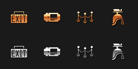 Set Exit sign, Museum ticket, Rope barrier and Roman army helmet icon. Vector