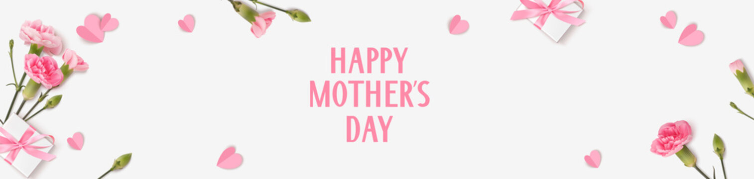 Happy Mothers day banner. Holiday design template with realistic pink carnation flowers, gift boxes and paper hearts on white background. Vector stock illustration.