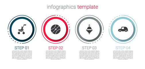 Set Baby stroller, Basketball ball, Whirligig toy and Toy car. Business infographic template. Vector