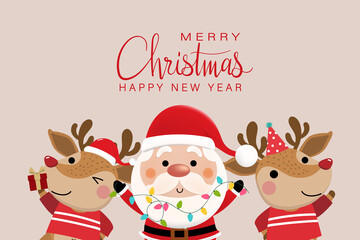 Merry Christmas and happy new year greeting card with cute Santa Claus and deer. Holiday cartoon character in winter season. -Vector