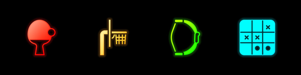 Set Racket and ball, Basketball backboard, Bow toy and Tic tac toe game icon. Vector