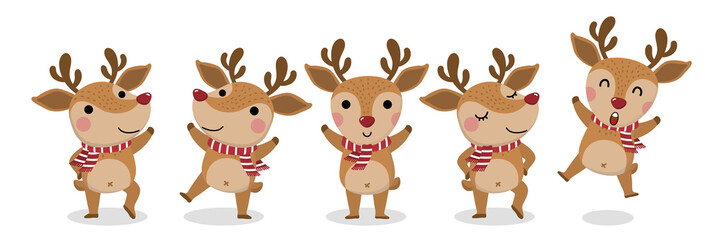 Cute deer, reindeer with red scarf collection. Merry Christmas and happy new year greeting card.  Animal in winter holidays cartoon character set. © Dusida