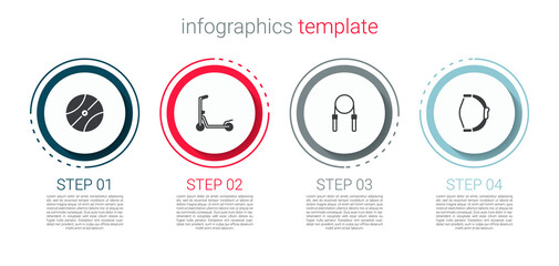 Set Basketball ball, Scooter, Jump rope and Bow toy. Business infographic template. Vector