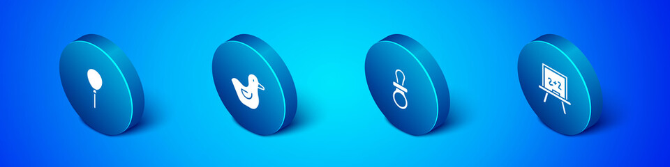 Set Isometric Balloons with ribbon, Baby dummy pacifier, Chalkboard and Rubber duck icon. Vector