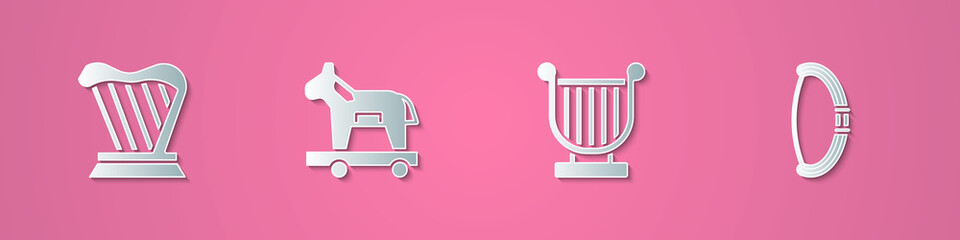 Set paper cut Harp, Trojan horse, Ancient lyre and Medieval bow icon. Paper art style. Vector