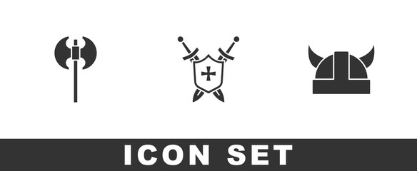 Set Medieval axe, shield with swords and Viking in horned helmet icon. Vector
