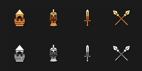 Set Castle tower, Medieval iron helmet, sword and Crossed medieval spears icon. Vector