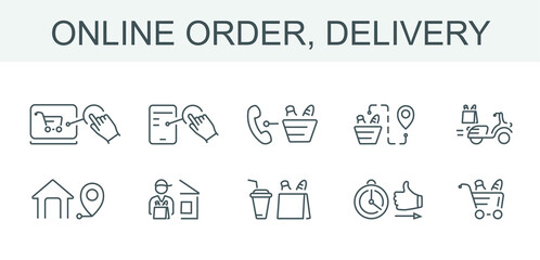 A set of vector icons for online ordering and delivery. All vector lines have the same thickness and color.