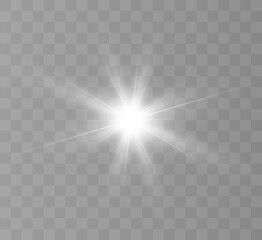 White glowing light explodes on a transparent background. Bright Star. Transparent shining sun, bright flash. Vector graphics.	