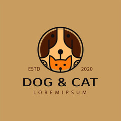 Friendly Pet Logo Design Template. Dog and Cat Icon Line Art Vector