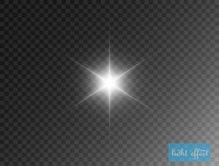 White glowing light explodes on a transparent background. Bright Star. Transparent shining sun, bright flash. Vector graphics.	