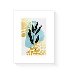 Botanical artwork poster of wall. Abstract gold leopard pattern shapes in boho style earth tones with leafy branch. Plants design for print, covers, wallpapers, stories and web. Minimal and natural
