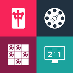 Set pop art Sport mechanical scoreboard, Board game of checkers, Twister and Mahjong pieces icon. Vector