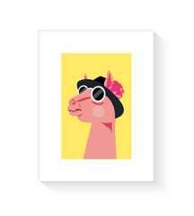 Fashionable llama in a hat with a peony flower on his head and in sunglasses. modern style vector illustration. Poster design for print, covers, wallpapers, stories and web. 