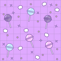 Cute pattern with lollipops on a purple background with a square grid.
