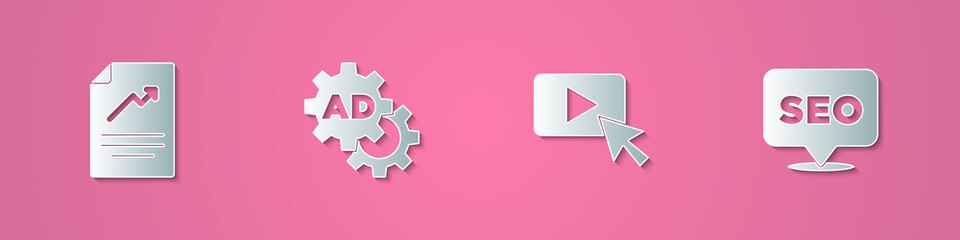 Set paper cut Document with graph chart, Advertising, and SEO optimization icon. Paper art style. Vector