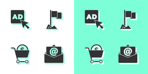 Set Mail and e-mail, Advertising, Shopping cart dollar and Location marker icon. Vector