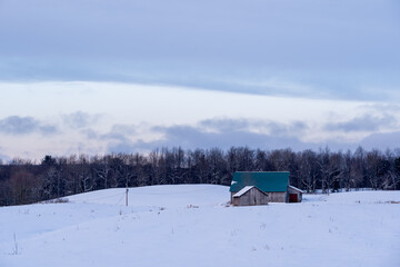 Barn in Snow Covered Meadow