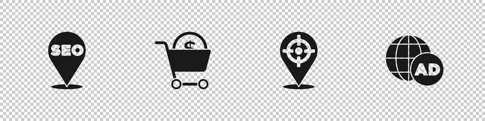 Set SEO optimization, Shopping cart and dollar, Target sport and Advertising icon. Vector
