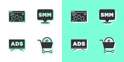 Set Shopping cart and dollar, Browser setting, Advertising and Social media marketing icon. Vector