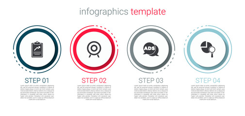 Set Clipboard with graph chart, Target sport, Advertising and Magnifying glass and analysis. Business infographic template. Vector