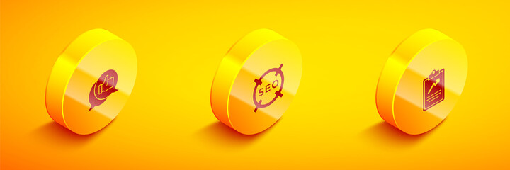 Set Isometric Customer product rating, SEO optimization and Clipboard with graph chart icon. Vector