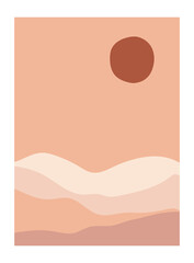 Abstract desert landscape posters. Modern background contemporary boho sun moon mountains minimalist wall decor. Vector